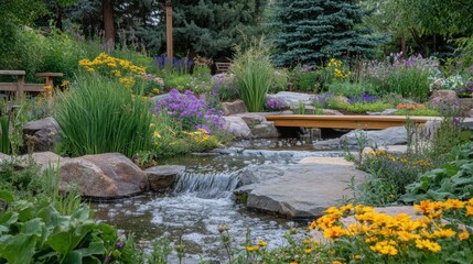 Fototapeta na wymiar Colorful garden stream flowing through rocks