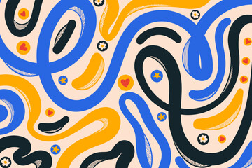 Naklejka premium Multicolored Abstract Background with Wavy Lines and Red Hearts. Decorative groovy fluid lines isolated on white background. Hand drawn geometric bulky lines. Hippie banner . Vector illustration