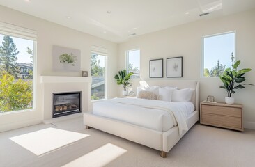 A bright and modern bedroom interior with stylish and comfortable furnishings