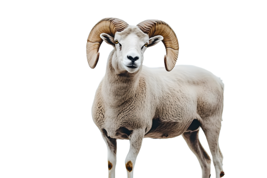 A ram with impressive horns stands out against a clean white background