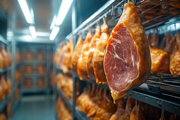 Cured hams suspended in a meat factory, showcasing craftsmanship and tradition in a well-lit environment
