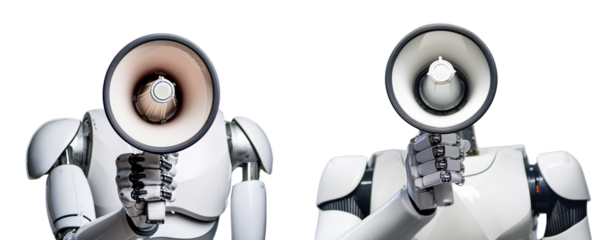 Two futuristic robots holding megaphones, symbolizing communication and innovation.