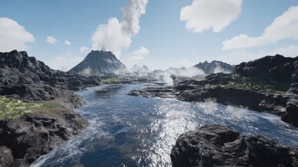 A river flowing through a dramatic volcanic landscape, with steam rising from the rocks