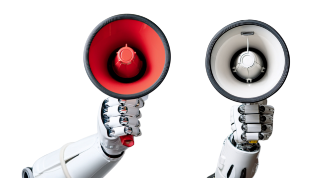 Two robotic arms holding red and white megaphones, symbolizing communication and innovation.