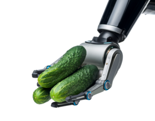A robotic hand holds fresh cucumbers, showcasing advanced automation in agriculture.