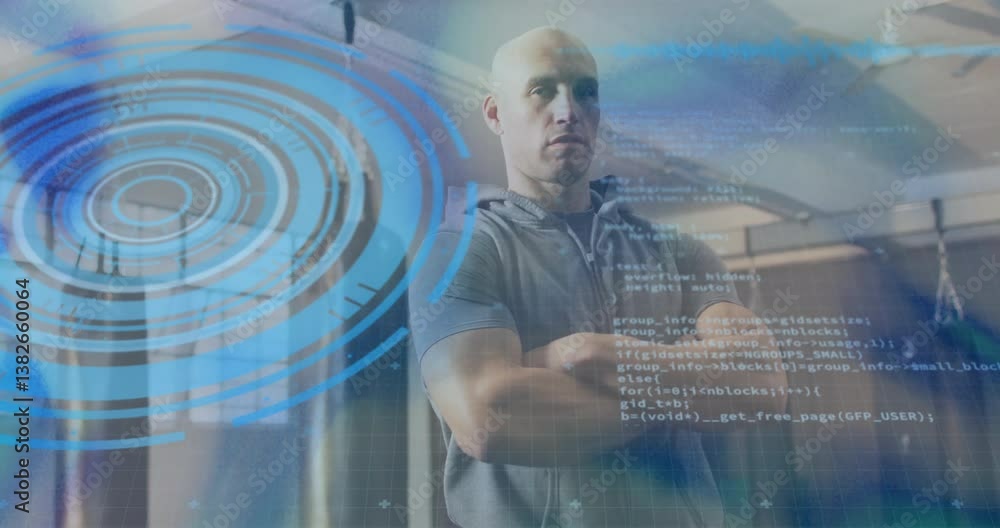 Poster overlaying digital code and circular blue animation, man standing with crossed arms