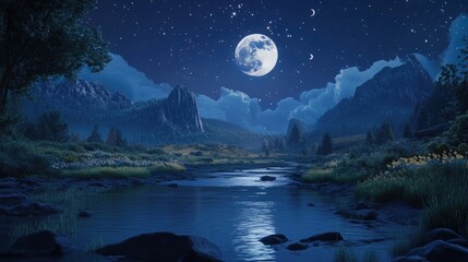 Fototapeta premium A river illuminated by the soft glow of the moon, reflecting the night sky