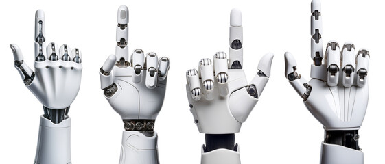 Futuristic robotic hands demonstrating various gestures and signals.