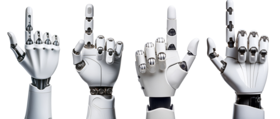 Futuristic robotic hands demonstrating various gestures and signals.