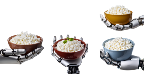 Futuristic robotic hands holding bowls of fluffy white rice.