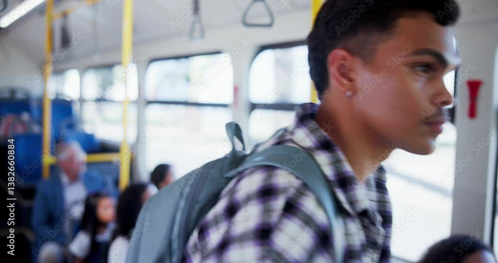 Poster student, man and travel with phone on bus for transport schedule, morning commute and location stop.