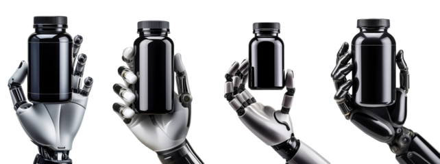 Futuristic robotic hands holding black bottles in a sleek, modern design.