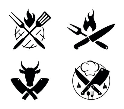 Logo emblem for a grill and barbecue establishment with a fire symbol. A black and white emblem featuring grilling utensils crossed with a flame symbol, representing BBQ culture and cooking.