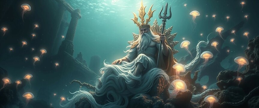 Poseidon auf Thron im Unterwasserreich. Mystische Szene mit leuchtenden Quallen. Ideal f&uuml;r Fantasy- oder Meeres-Themen.