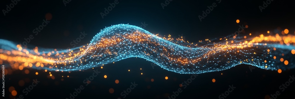 Poster abstract blue and orange wavy lines with particles, digital network and technology background.