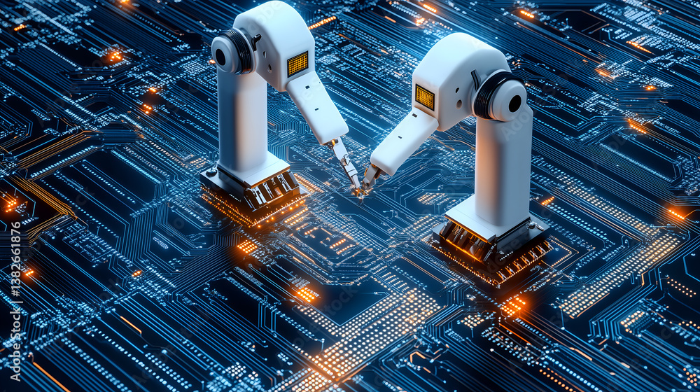 Poster two robotic arms working on a circuit board, symbolizing technology and automation. the scene is lit