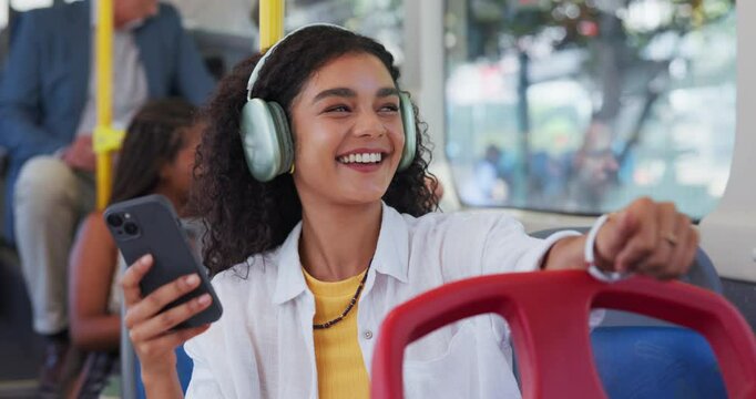 Happy, headphones and woman with phone on bus in city for journey, commute and travel in urban town. Public transport, passenger and person on smartphone listening to music, audio and radio on trip