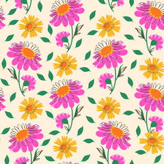 Seamless Pattern with Pink and Yellow Flowers in Doodle Style. Colorful flowers with cute lines isolated on white background. Nature design with plants perfect for invitations, cards, posters