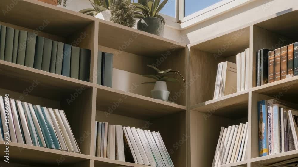 Poster potted orchids and various plants resting on bookshelves create a vibrant display beneath a large sk