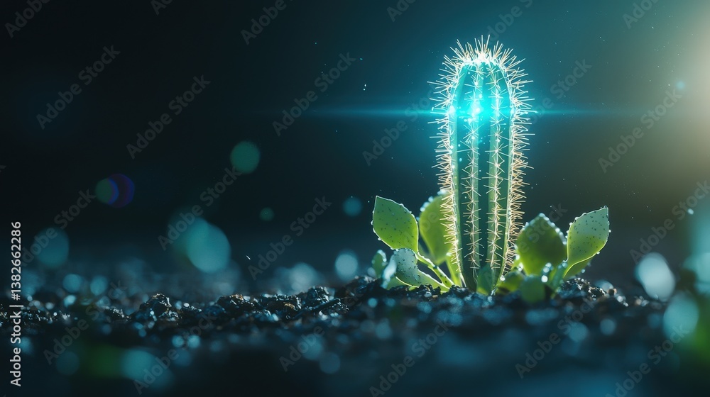 Poster cactus with a glowing erp key symbolizing automated business