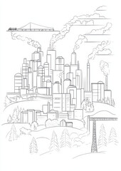 Obraz premium Industrial cityscape illustration urban environment graphic art sketched perspective concept of pollution awareness