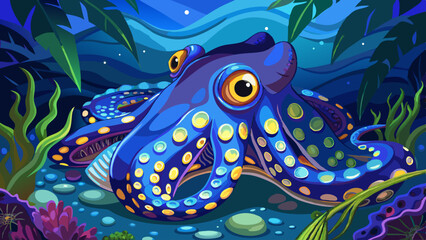 Bioluminescent blue-ringed octopus resting on ocean floor
