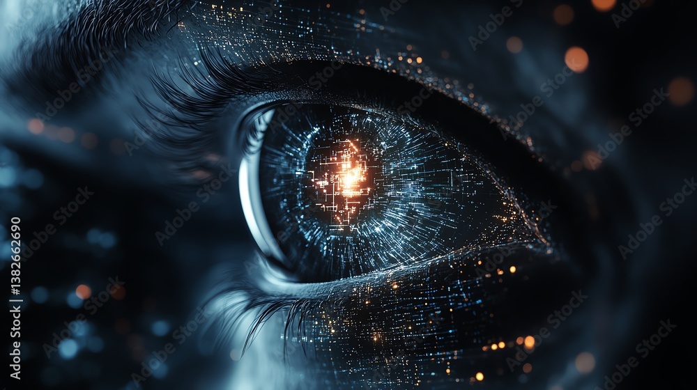 Fototapete dark tech space with a hackers or ai robots eye, glowing with futuristic vision, set against a digit