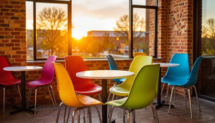 Colorful bistro-style chairs in industrial setting at sunset, inviting ambiance