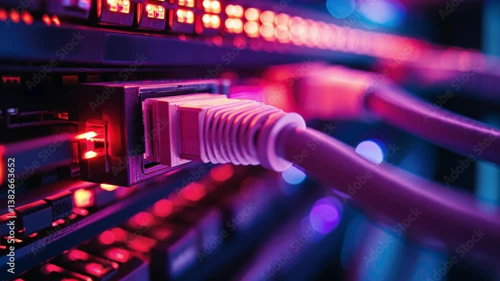 Poster close-up of networking equipment with colorful led lights, ethernet cables connected to network swit