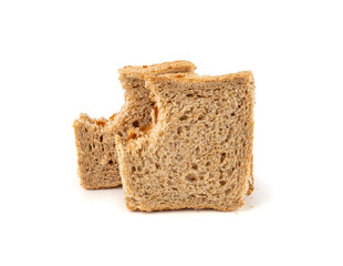 Bitten dried pate sandwich isolated, low-quality food leftovers, bad quality toast bread lunch