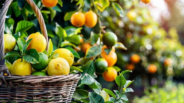 A basket filled with ripe lemons sits amidst lush orange trees at sunset, showcasing a bountiful citrus harvest