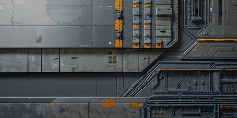 Detailed Gray Metal Wall Panel Texture with Cables and Hi-Tech Elements for Backgrounds