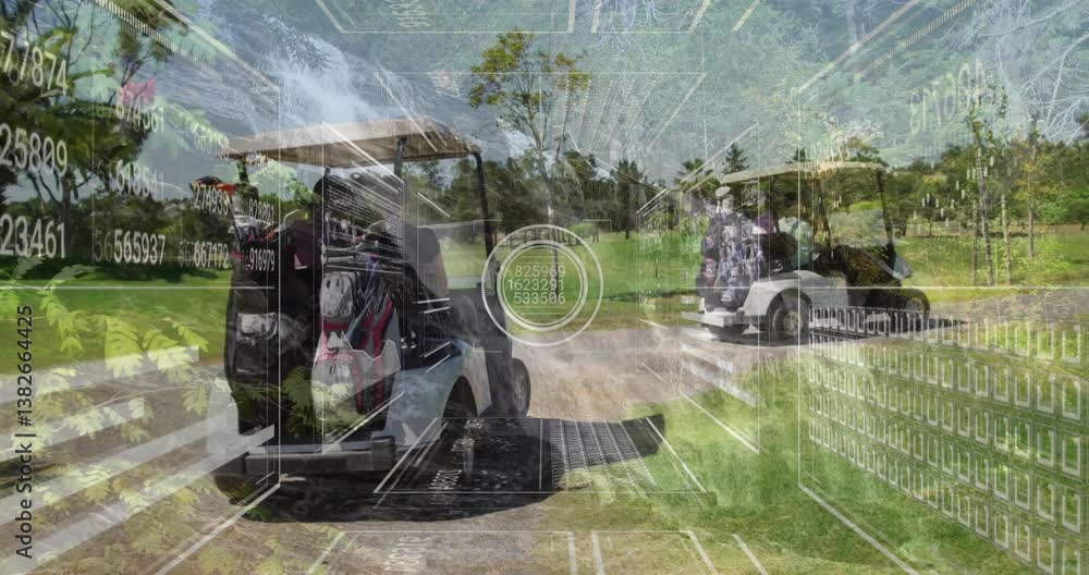 Poster golf carts on path with digital data processing animation overlay