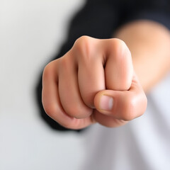 Obraz premium A close-up of a clenched fist, with knuckles prominent. The hand is in focus, while the background is blurred.