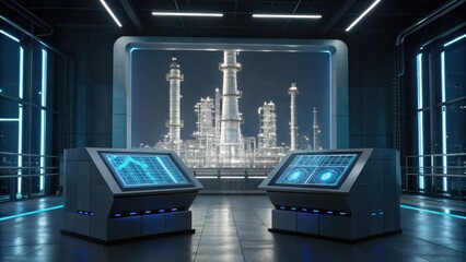 A futuristic control room features high-tech screens displaying a refinery, highlighting advanced industrial technology and design.