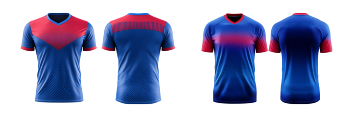 Blue and red jersey template for team clubs, jersey sport, front and back isolated on a transparent background, cut out, png, T-shirt mockup sports jersey template design