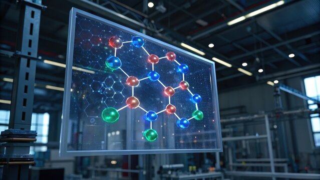 A digital display shows a colorful molecular structure in a modern industrial setting, illustrating advanced scientific concepts and technology.