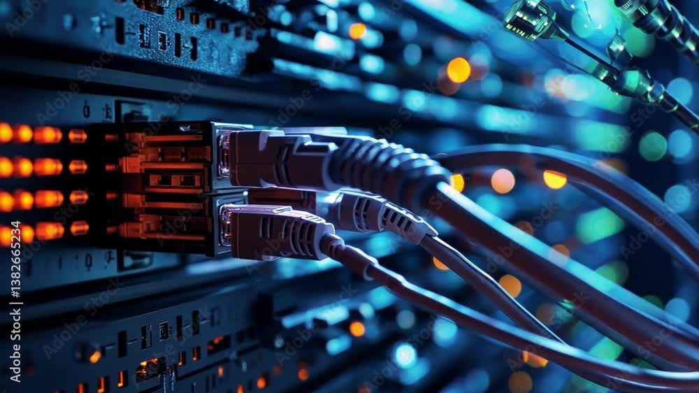 Poster high-speed network cables connected to data server in modern technology data center with colorful li