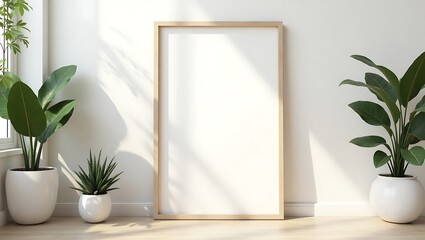 Wooden Canvas Mockup in Minimalist Room Interior with Plants – Natural Wall Art Display Template