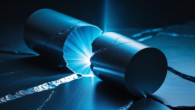 Cracked metal cylinder emitting bright blue light in a dark environment with fractured floor.