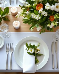 High-end restaurants with elegant formal table setup for fine Dining . A realistic top view of an elegant formal table setup with crystal glassware and silverware for fine dining on  linen tablecloth.