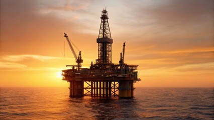 Obraz premium An oil rig stands tall against a vibrant sunset over the ocean, symbolizing energy production and the vastness of maritime industry.