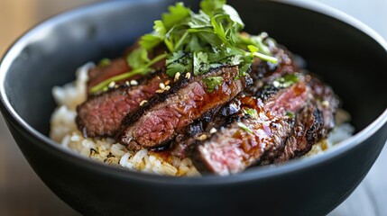 A tender beef rice dish served in a black ceramic bowl, the beef glistening under the light