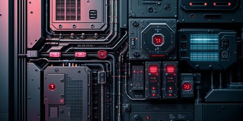 Fototapeta premium Detailed sci-fi machinery with intricate wiring and red lighting on a metal surface.