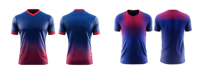 Blue and red jersey template for team clubs, jersey sport, front and back isolated on a transparent background, cut out, png, T-shirt mockup sports jersey template design
