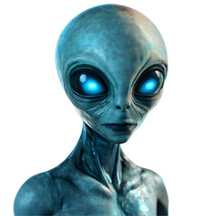 Alien Portrait with Blue Skin and Glowing Eyes on White or Transparent Background, Space Exploration and Sci Fi Concepts Concept