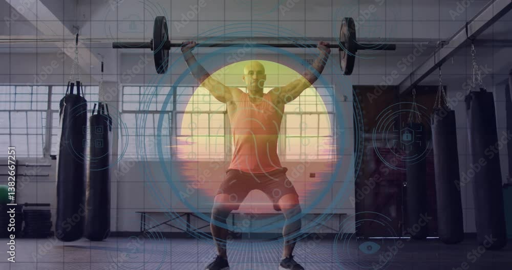 Poster man lifting weights in gym with digital interface animation overlay