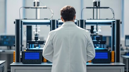 A researcher in a lab coat observes advanced 3D printers, showcasing innovation and technology in a modern laboratory setting.