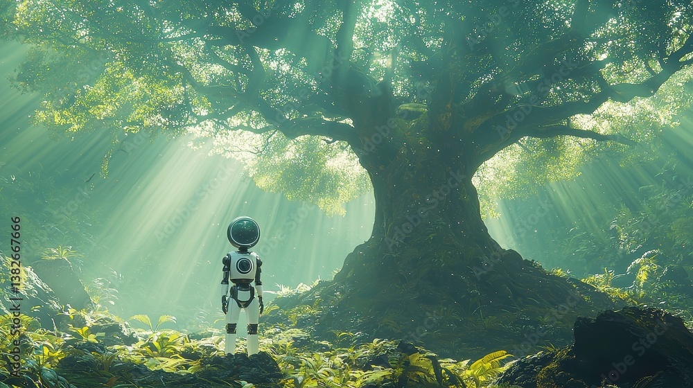 Poster robot companion beneath a colossal ancient tree in a mystical forest, shafts of enchanting light bre