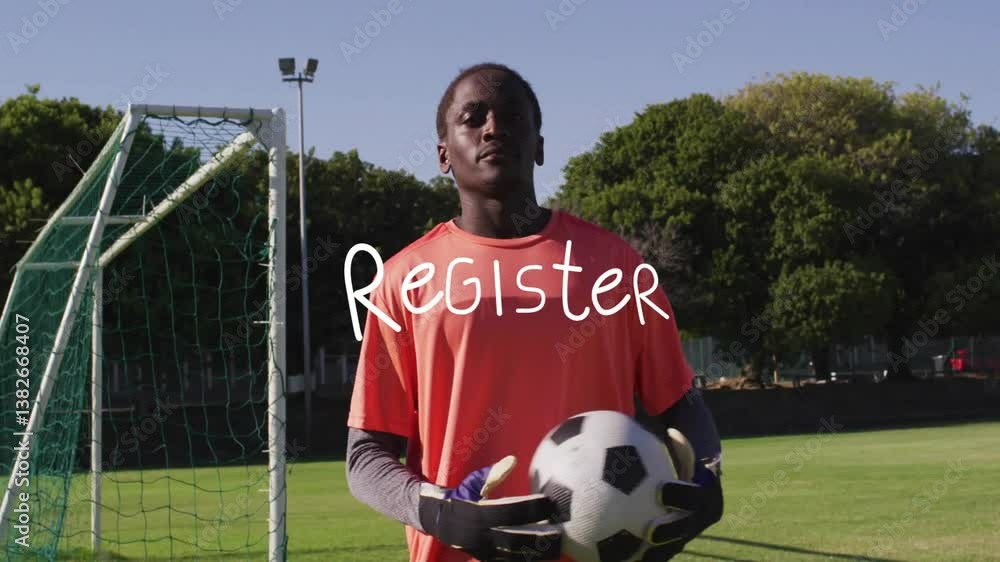 Poster holding soccer ball, player standing on field with register text in animation